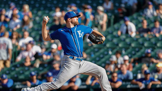 Aug 22, 2021; Chicago, Illinois, USA; Kansas City Royals relief pitcher Wade Davis (71) delivers against the Chicago Cubs during the ninth inning at Wrigley Field. Mandatory Credit: Kamil Krzaczynski-USA TODAY Sports